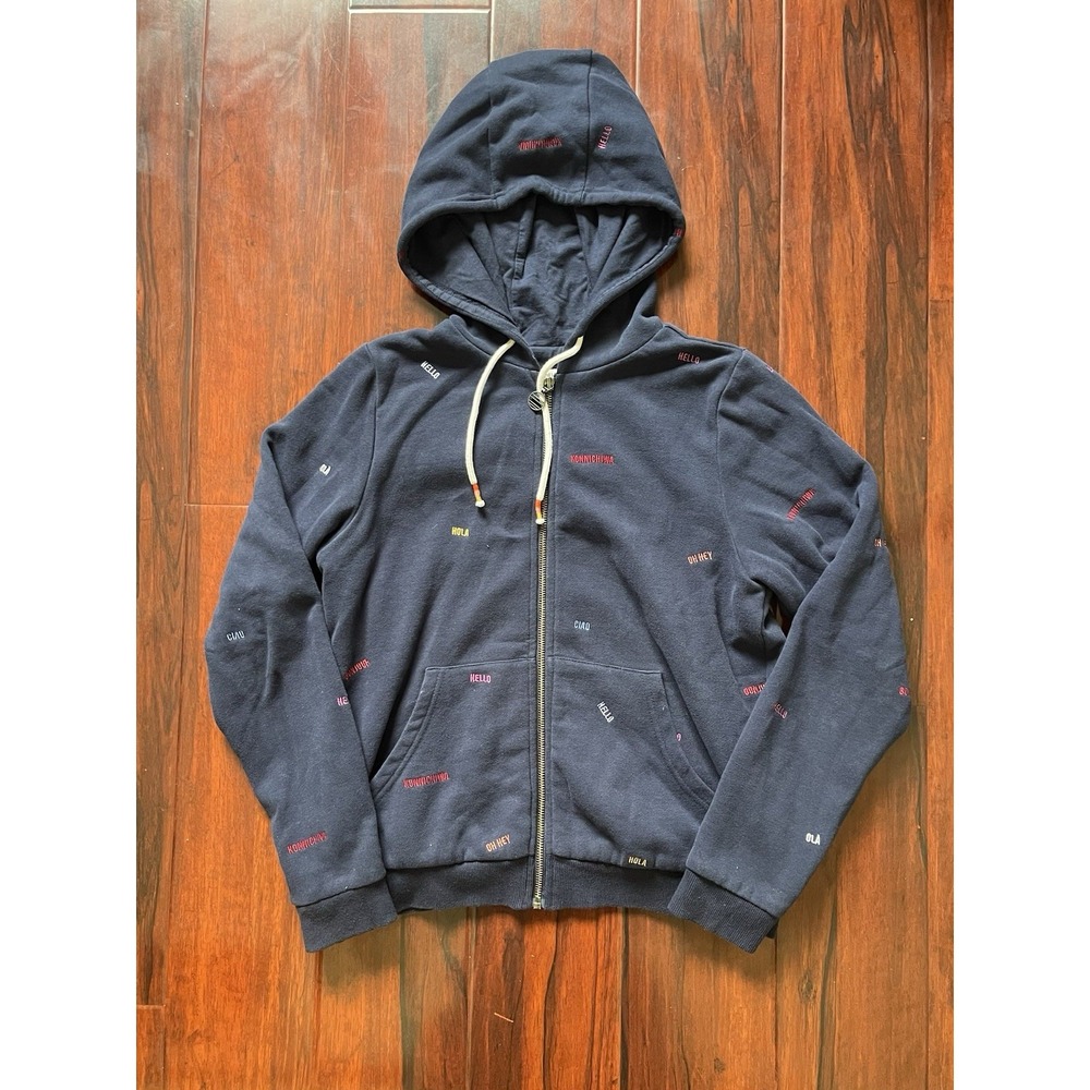 Marine Layer Full Zip Up Hoodie Navy Blue International Hello Phrases Womens M